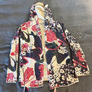 Lucky Brand Kimono Hoodie Jacket Red Navy Green Floral Print, Size M